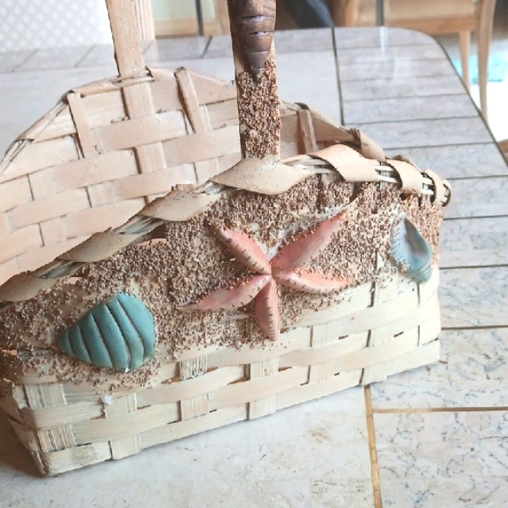 Beige Woven Basket with Seashell Accents,   Vintage From 1990's..New - Picture 6 of 9